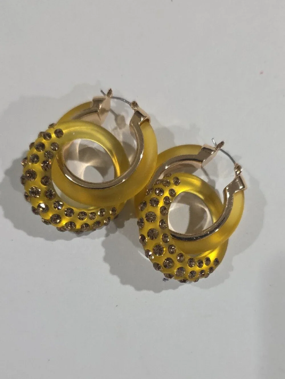 Yellow Double Hoop Earrings w/ Crystal Accents – Bold Women's Statement Jewelry
